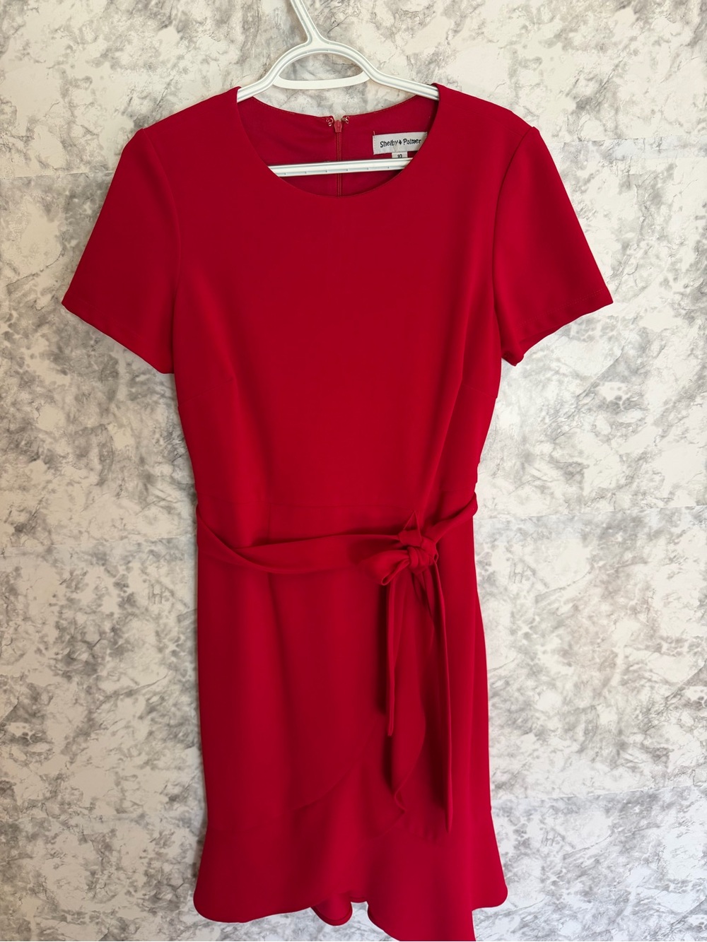 Short Sleeve Tie-Waist Midi Red Dress by Shelby and Palmer Size 10